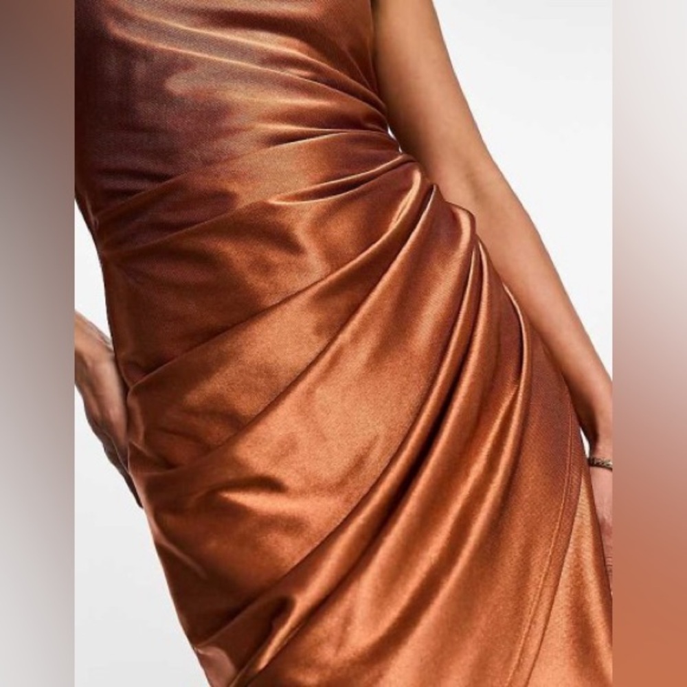 ASOS DESIGN One Shoulder Tie Stretch Satin Mini Dress In Copper - Picture 4 of 6